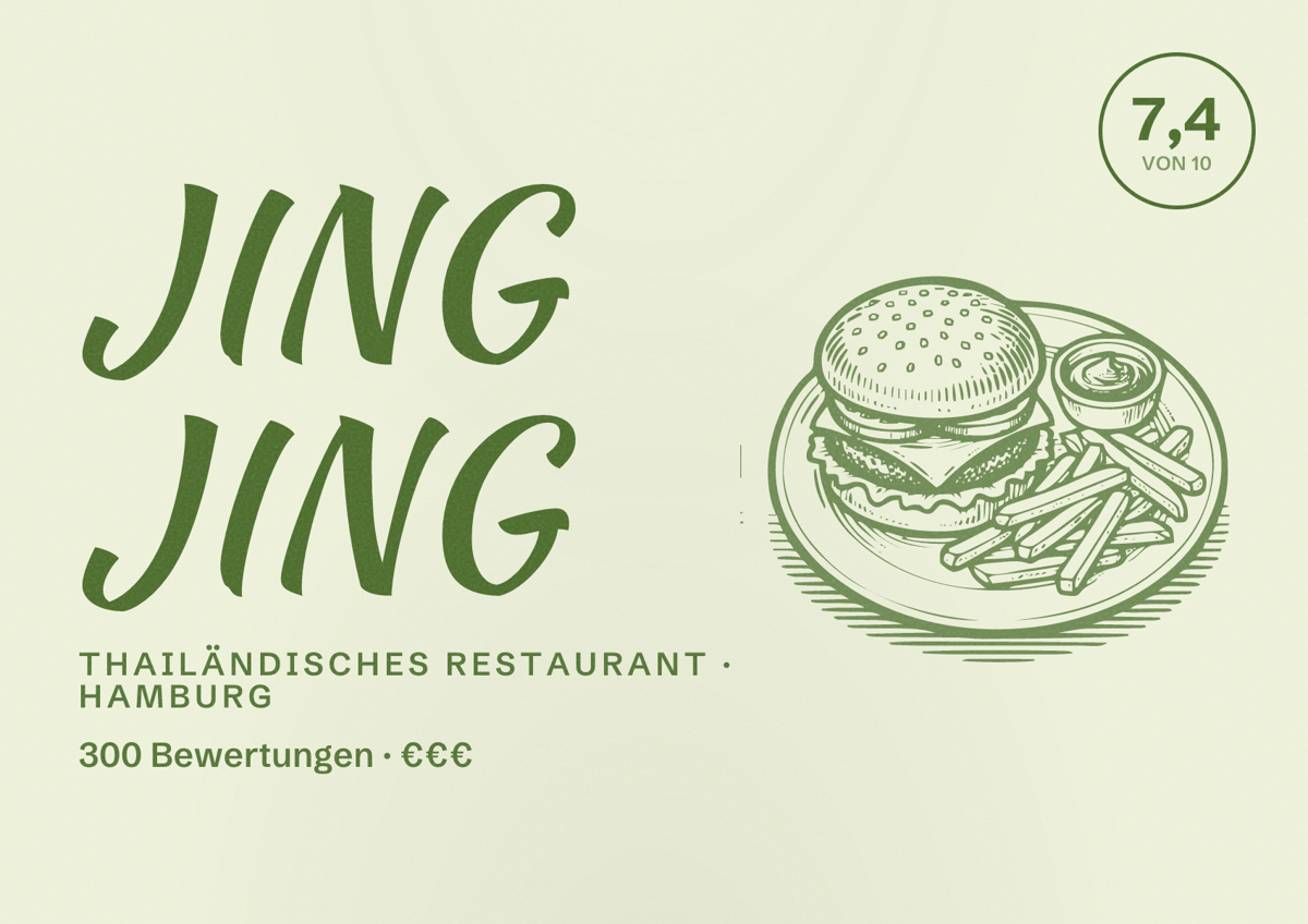 Illustriertes Poster von JING JING, Thailändisches Restaurant in Hamburg: Bewertung 7,4 von 10 aus 300 Bewertungen, Preisniveau €€€