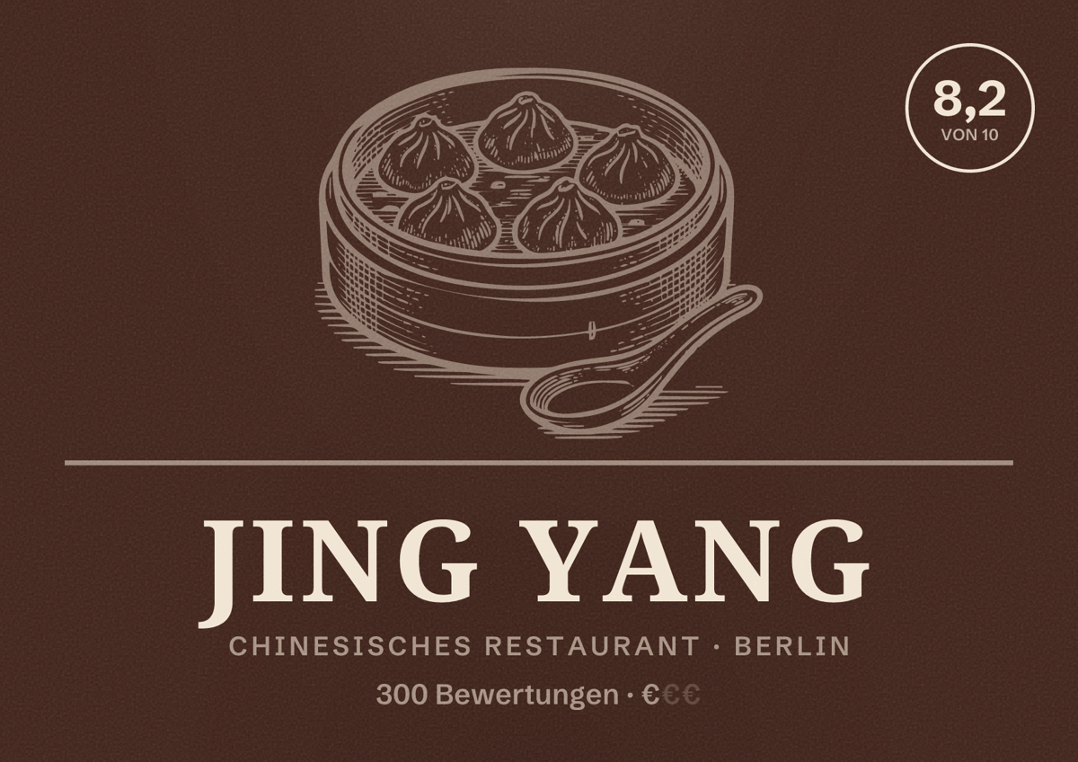 Illustriertes Poster von Jing Yang, Chinesisches Restaurant in Berlin: Bewertung 8,2 von 10 aus 300 Bewertungen, Preisniveau €