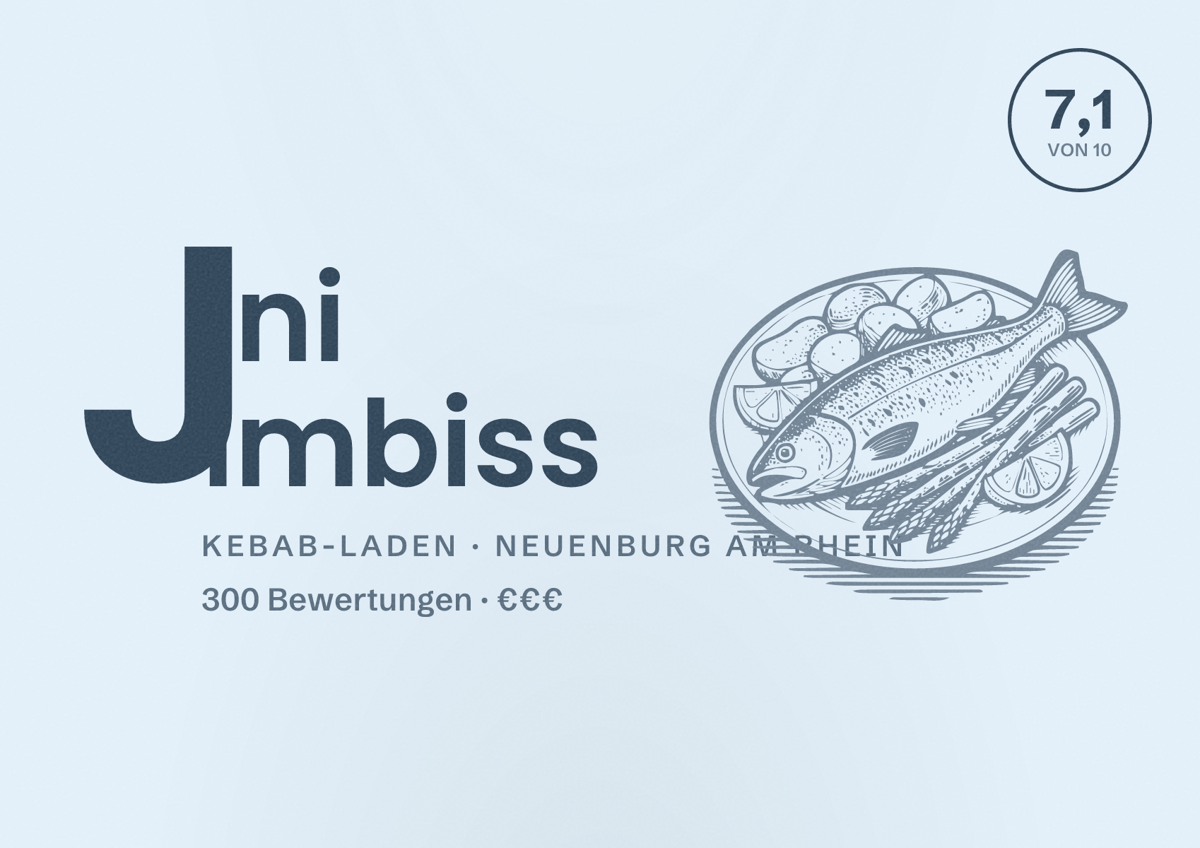 Illustriertes Poster von Jini Imbiss, Kebab-Laden in Neuenburg am Rhein: Bewertung 7,1 von 10 aus 300 Bewertungen, Preisniveau €€€