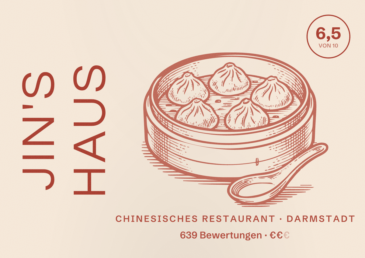Illustriertes Poster von Jin's Haus, Chinesisches Restaurant in Darmstadt: Bewertung 6,5 von 10 aus 639 Bewertungen, Preisniveau €€