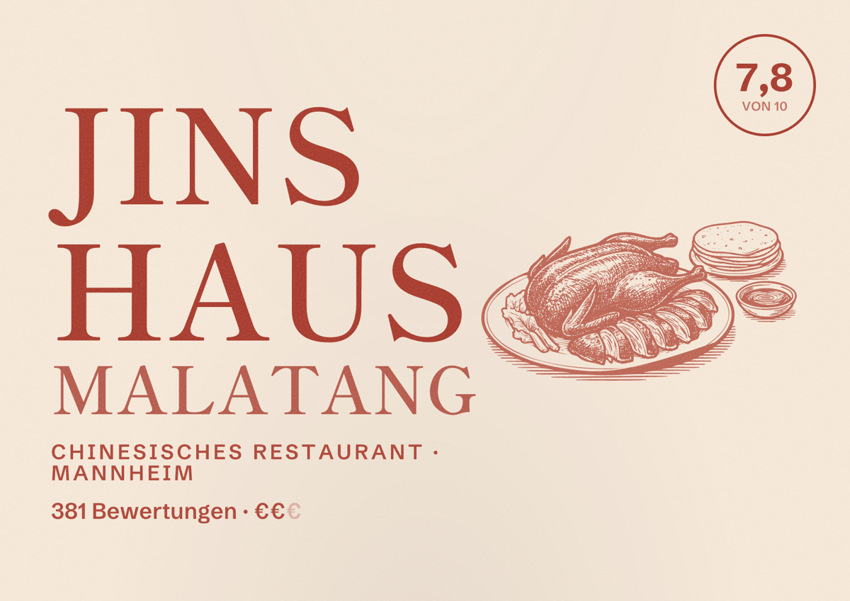 Illustriertes Poster von Jins Haus Malatang, Chinesisches Restaurant in Mannheim: Bewertung 7,8 von 10 aus 381 Bewertungen, Preisniveau €€