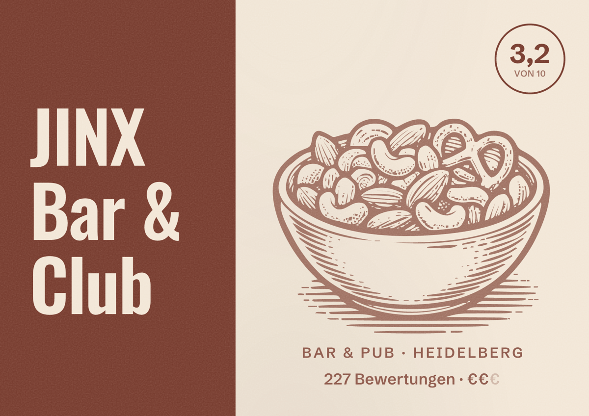 Illustriertes Poster von JINX Bar & Club, Bar & Pub in Heidelberg: Bewertung 3,2 von 10 aus 227 Bewertungen, Preisniveau €€