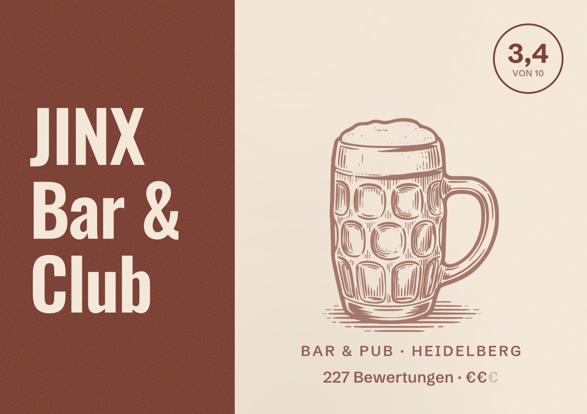 Illustriertes Poster von JINX Bar & Club, Bar & Pub in Heidelberg: Bewertung 3,4 von 10 aus 227 Bewertungen, Preisniveau €€