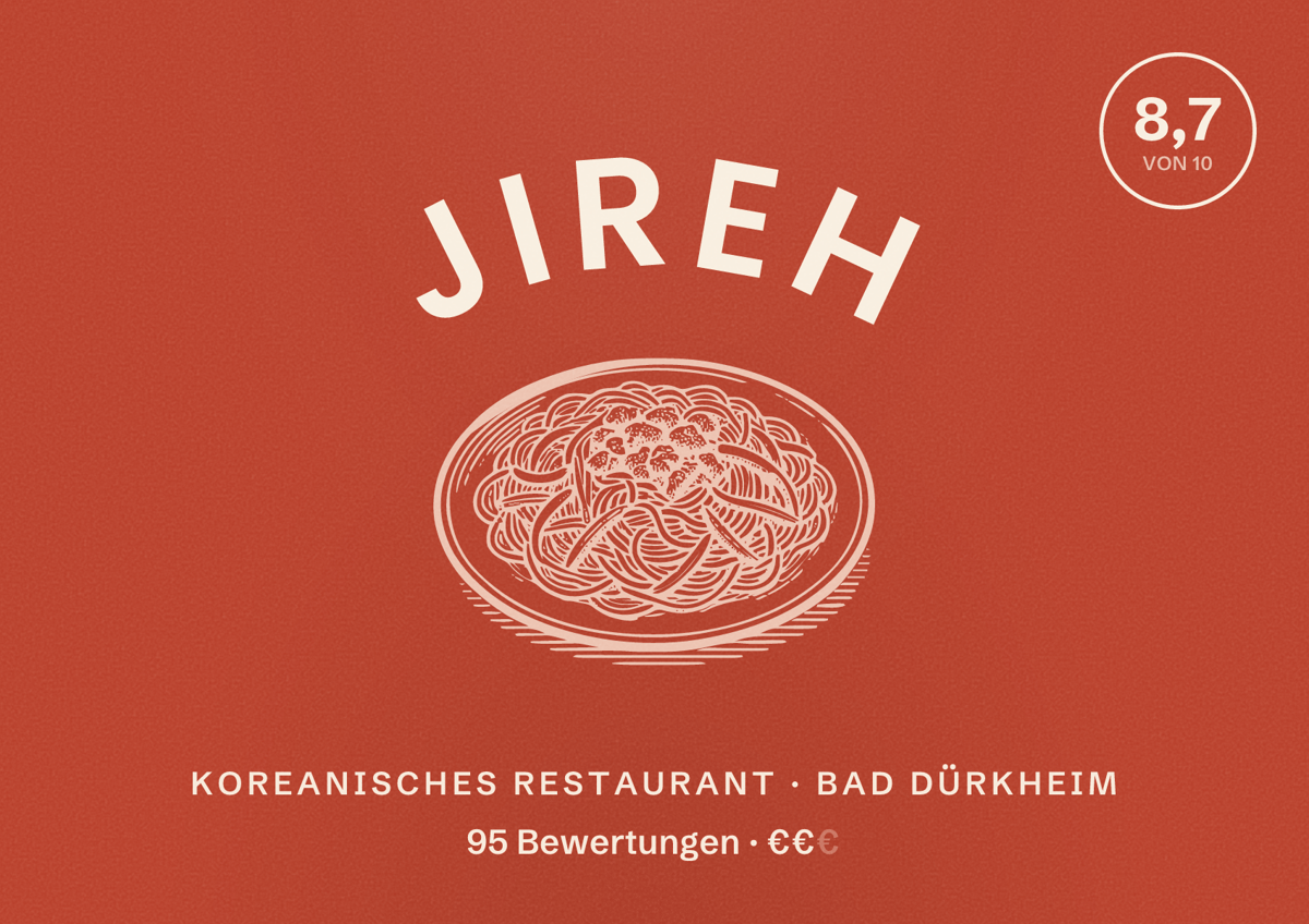 Illustriertes Poster von Jireh, Koreanisches Restaurant in Bad Dürkheim: Bewertung 8,7 von 10 aus 95 Bewertungen, Preisniveau €€