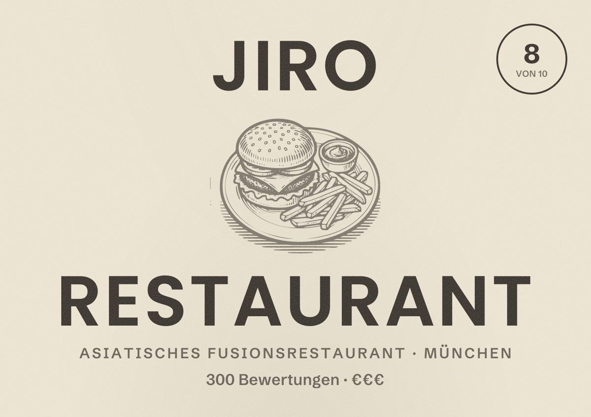 Illustriertes Poster von Jiro Restaurant, Asiatisches Fusionsrestaurant in München: Bewertung 8,0 von 10 aus 300 Bewertungen, Preisniveau €€€