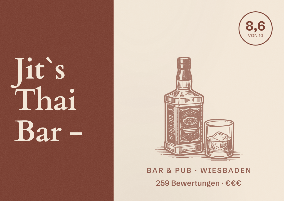Illustriertes Poster von Jit`s Thai Bar -, Bar & Pub in Wiesbaden: Bewertung 8,6 von 10 aus 259 Bewertungen, Preisniveau €€€