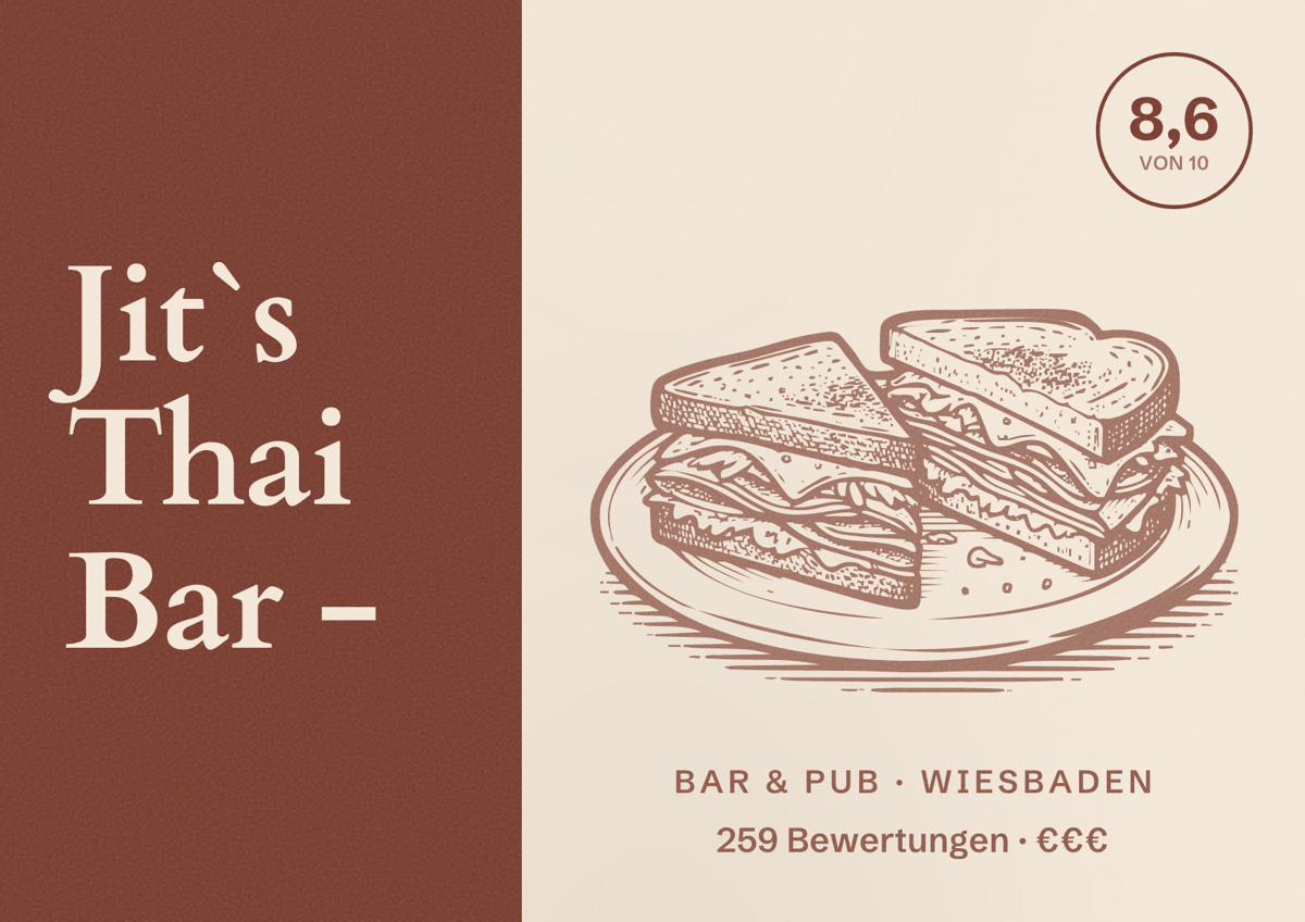 Illustriertes Poster von Jit`s Thai Bar -, Bar & Pub in Wiesbaden: Bewertung 8,6 von 10 aus 259 Bewertungen, Preisniveau €€€