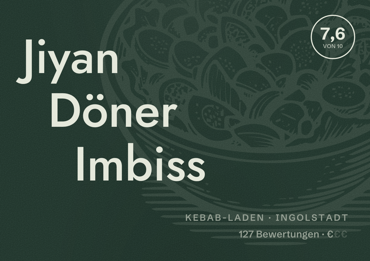Illustriertes Poster von Jiyan Döner Imbiss, Kebab-Laden in Ingolstadt: Bewertung 7,6 von 10 aus 127 Bewertungen, Preisniveau €