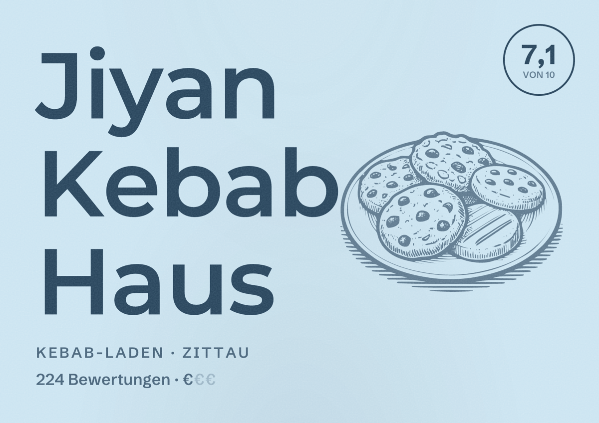 Illustriertes Poster von Jiyan Kebab Haus, Kebab-Laden in Zittau: Bewertung 7,1 von 10 aus 224 Bewertungen, Preisniveau €