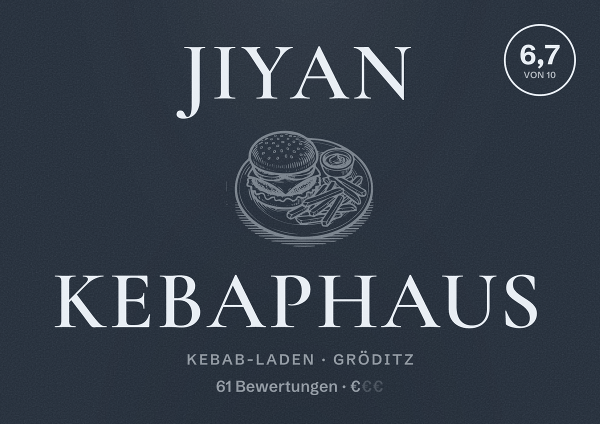 Illustriertes Poster von Jiyan Kebaphaus, Kebab-Laden in Gröditz: Bewertung 6,7 von 10 aus 61 Bewertungen, Preisniveau €
