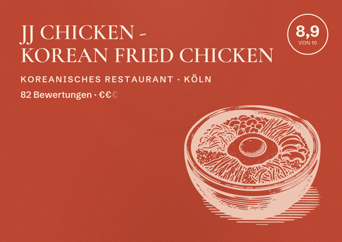 Illustriertes Poster von JJ CHICKEN - KOREAN FRIED CHICKEN, Koreanisches Restaurant in Köln: Bewertung 8,9 von 10 aus 82 Bewertungen, Preisniveau €€