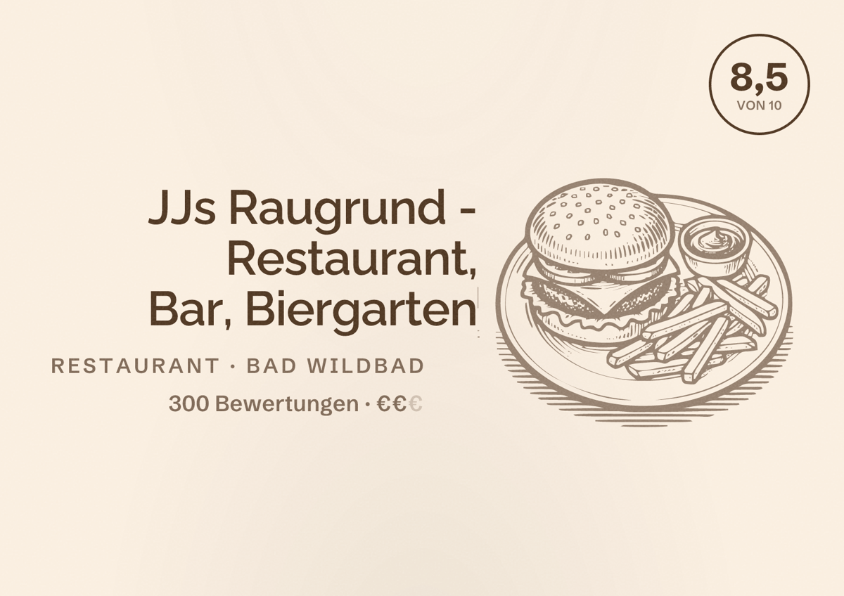 Illustriertes Poster von JJs Raugrund - Restaurant, Bar, Biergarten, Restaurant in Bad Wildbad: Bewertung 8,5 von 10 aus 300 Bewertungen, Preisniveau €€