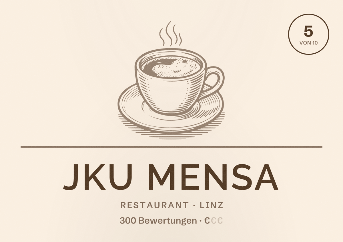 Illustriertes Poster von JKU Mensa, Restaurant in Linz: Bewertung 5 von 10 aus 300 Bewertungen, Preisniveau €