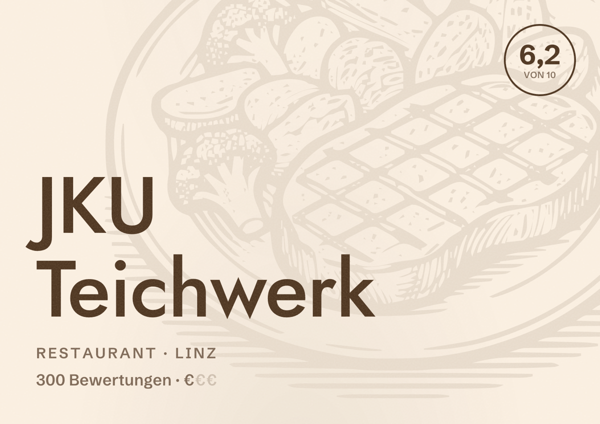Illustriertes Poster von JKU Teichwerk, Restaurant in Linz: Bewertung 6,2 von 10 aus 300 Bewertungen, Preisniveau €