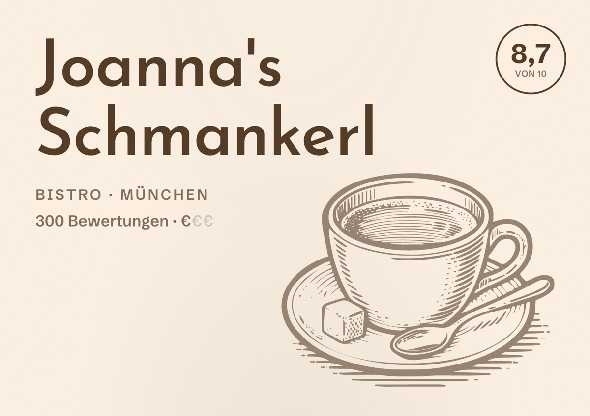 Illustriertes Poster von Joanna's Schmankerl, Bistro in München: Bewertung 8,7 von 10 aus 300 Bewertungen, Preisniveau €