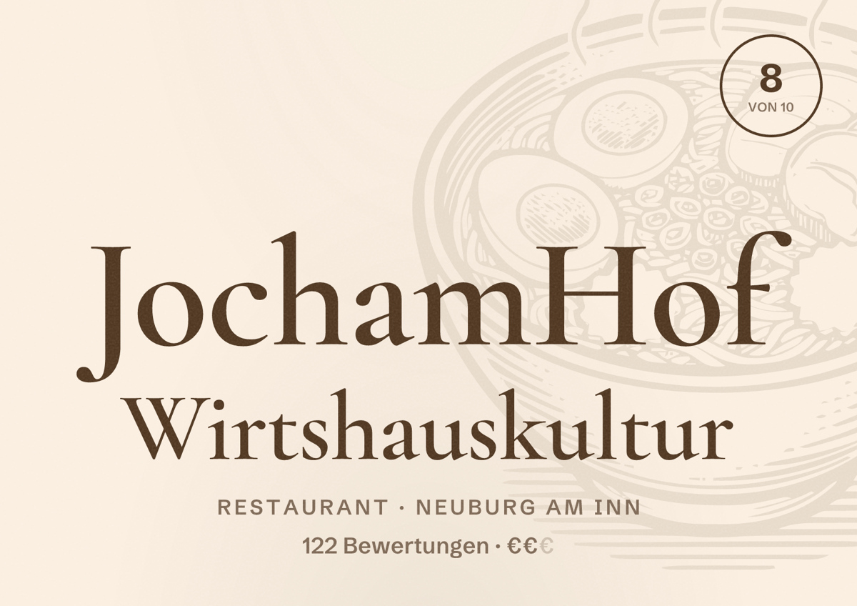 Illustriertes Poster von JochamHof Wirtshauskultur, Restaurant in Neuburg am Inn: Bewertung 8 von 10 aus 122 Bewertungen, Preisniveau €€