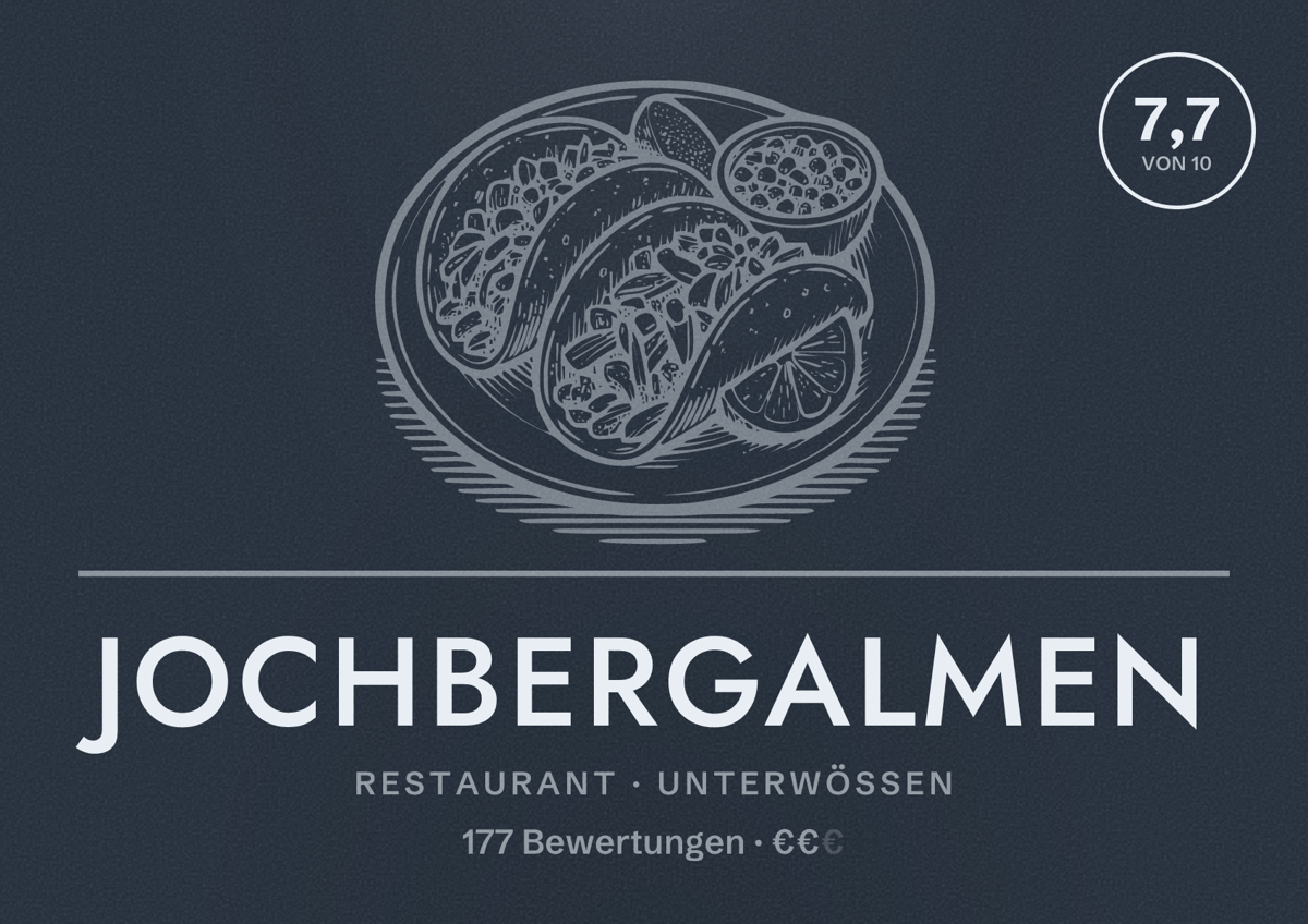 Illustriertes Poster von Jochbergalmen, Restaurant in Unterwössen: Bewertung 7,7 von 10 aus 177 Bewertungen, Preisniveau €€
