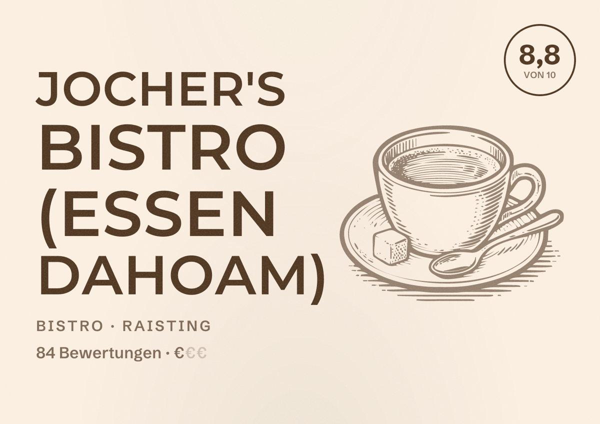 Illustriertes Poster von Jocher's Bistro (Essen dahoam), Bistro in Raisting: Bewertung 8,8 von 10 aus 84 Bewertungen, Preisniveau €