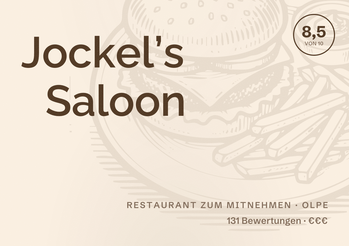 Illustriertes Poster von Jockel’s Saloon, Restaurant zum Mitnehmen in Olpe: Bewertung 8,5 von 10 aus 131 Bewertungen, Preisniveau €€€