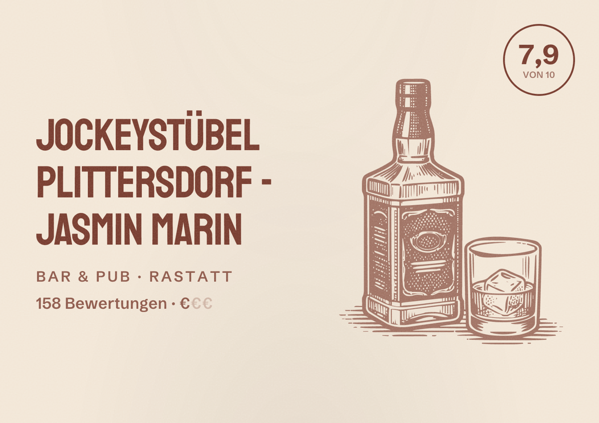 Illustriertes Poster von Jockeystübel Plittersdorf - Jasmin Marin, Bar & Pub in Rastatt: Bewertung 7,9 von 10 aus 158 Bewertungen, Preisniveau €