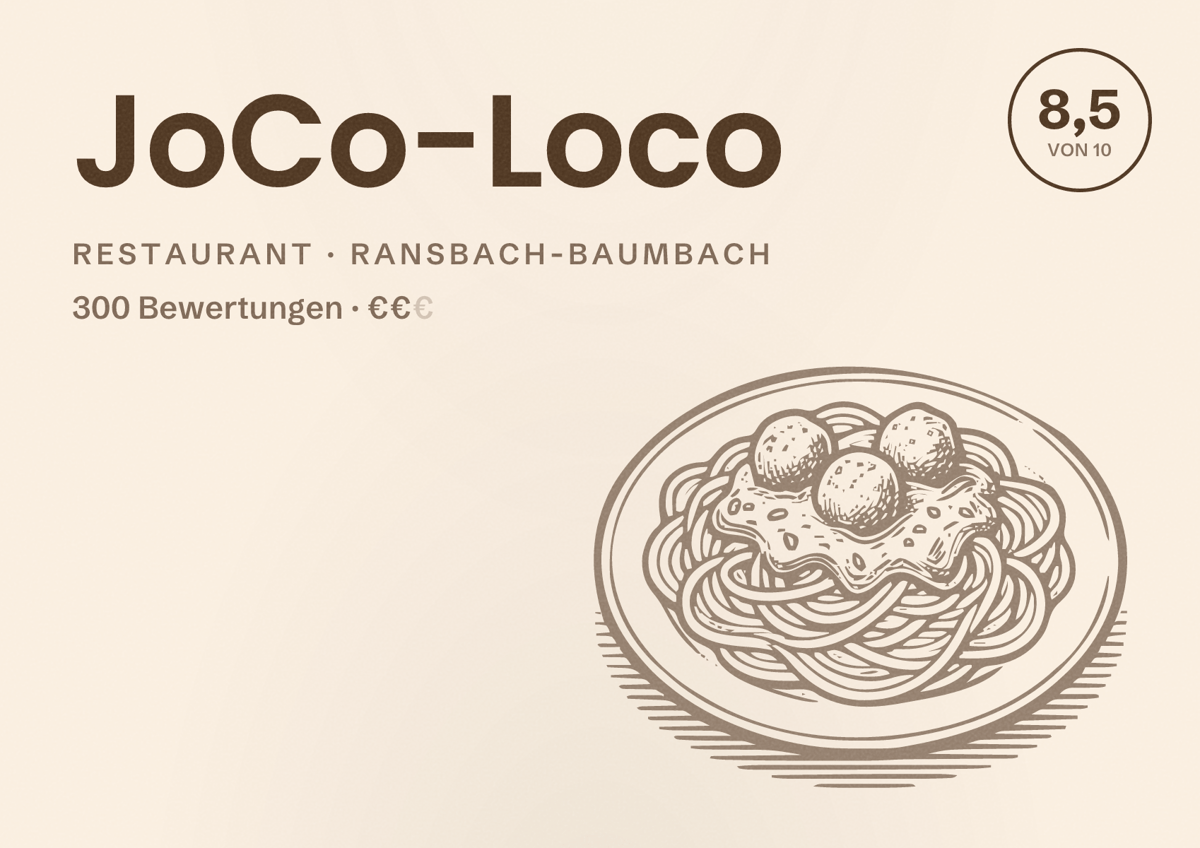 Illustriertes Poster von JoCo-Loco, Restaurant in Ransbach-Baumbach: Bewertung 8,5 von 10 aus 300 Bewertungen, Preisniveau €€