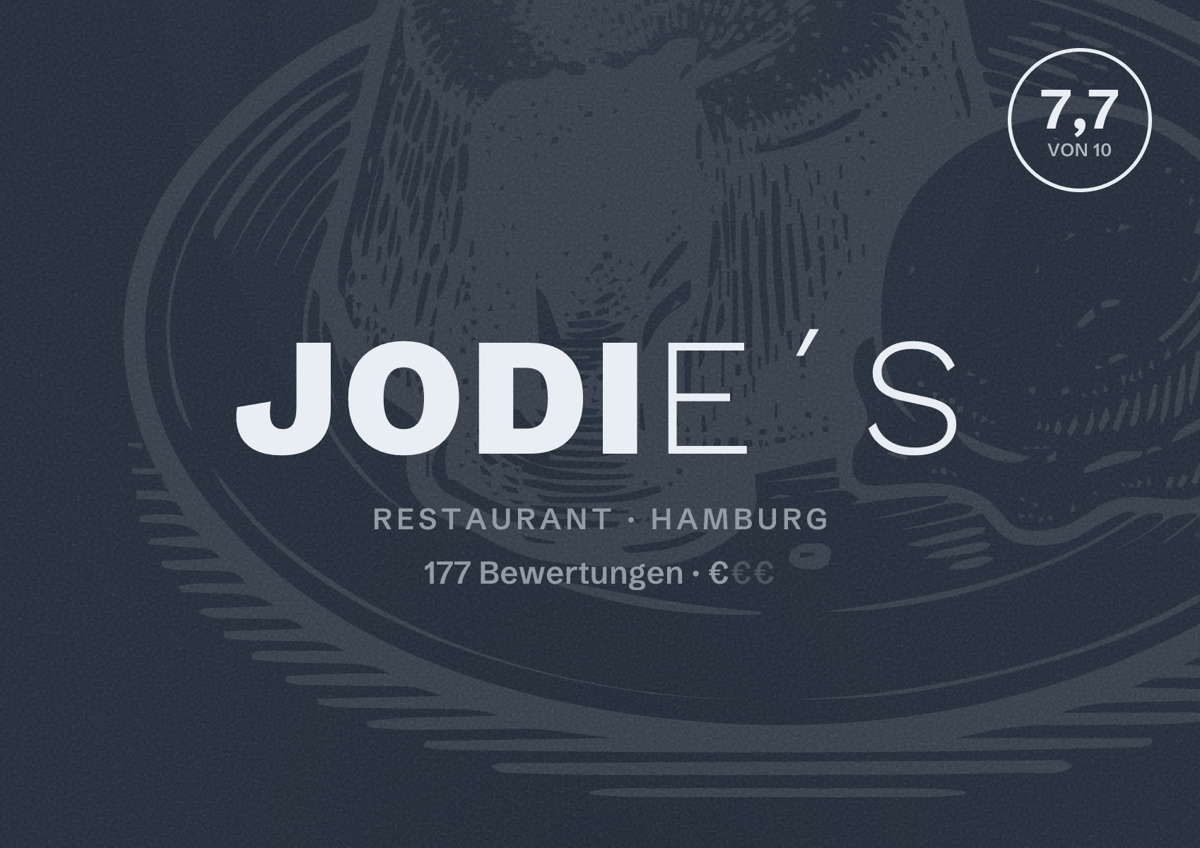 Illustriertes Poster von Jodie´s, Restaurant in Hamburg: Bewertung 7,7 von 10 aus 177 Bewertungen, Preisniveau €