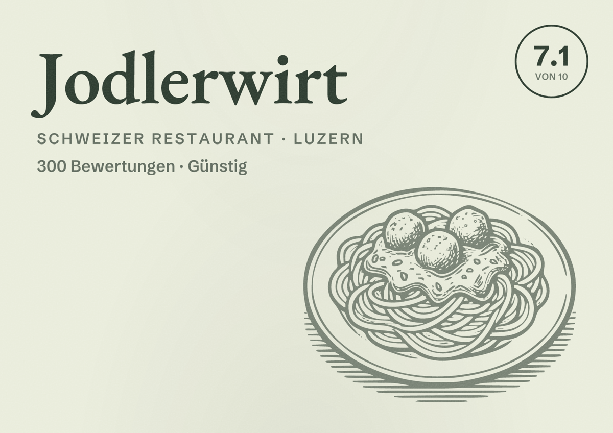 Illustriertes Poster von Jodlerwirt, Schweizer Restaurant in Luzern: Bewertung 7.1 von 10 aus 300 Bewertungen, Preisniveau Günstig