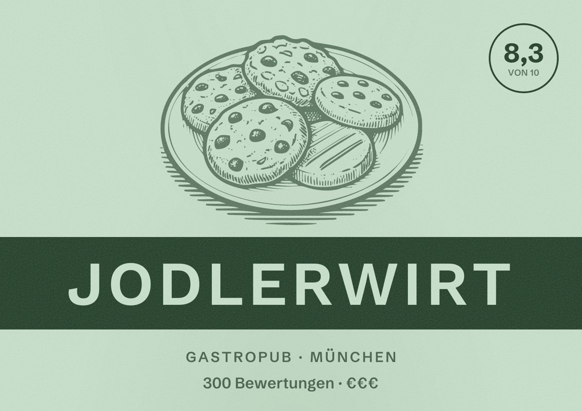 Illustriertes Poster von Jodlerwirt, Gastropub in München: Bewertung 8,3 von 10 aus 300 Bewertungen, Preisniveau €€€