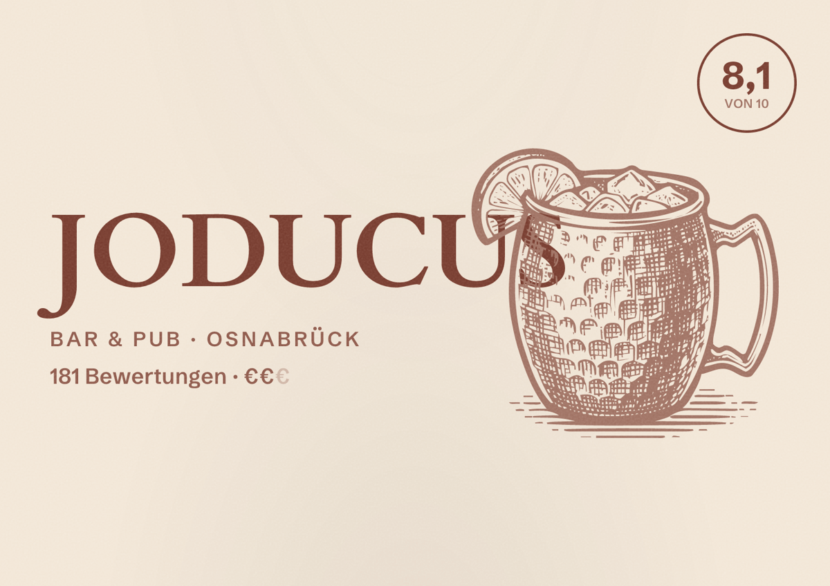 Illustriertes Poster von JODUCUS, Bar & Pub in Osnabrück: Bewertung 8,1 von 10 aus 181 Bewertungen, Preisniveau €€