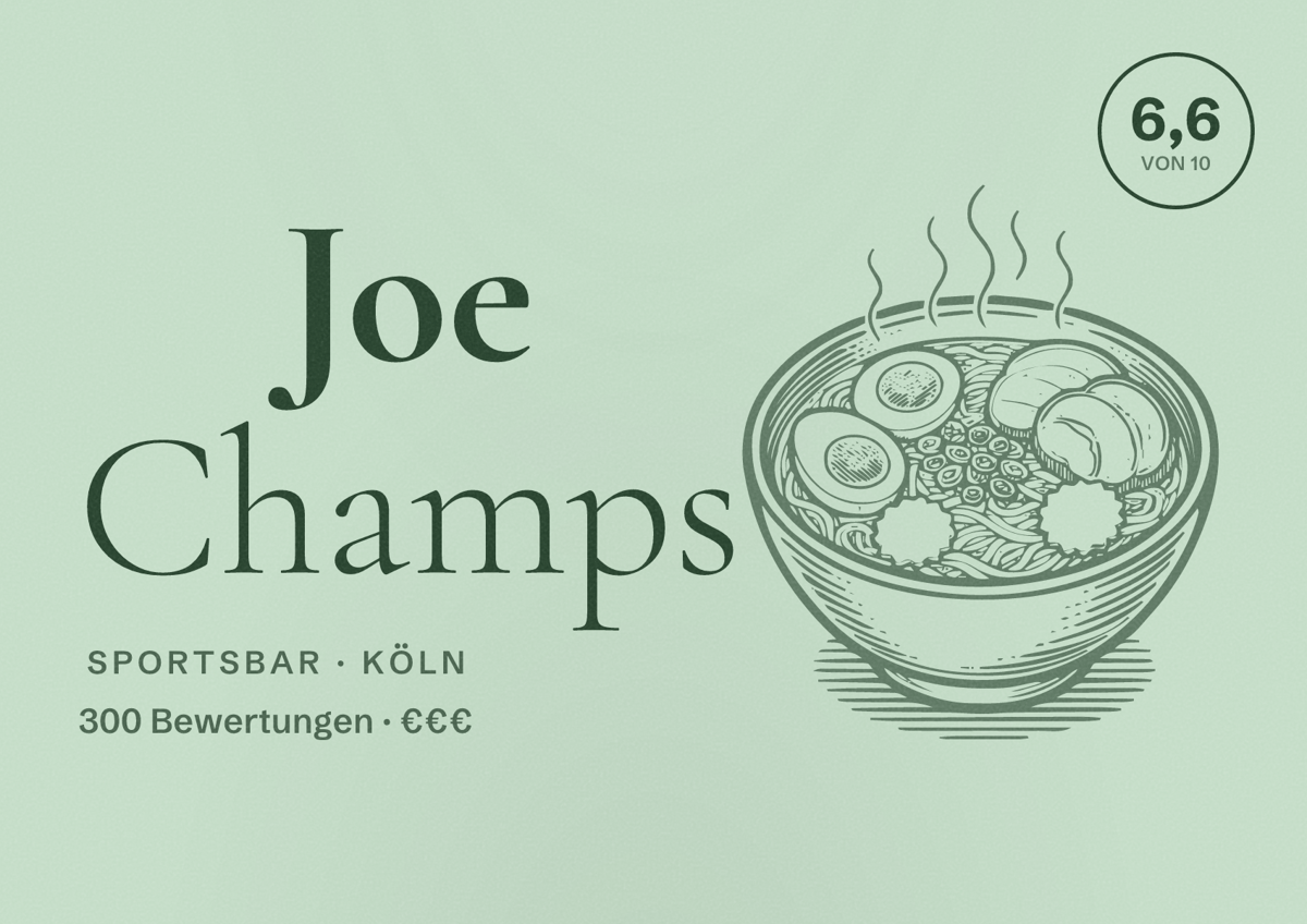 Illustriertes Poster von Joe Champs, Sportsbar in Köln: Bewertung 6,6 von 10 aus 300 Bewertungen, Preisniveau €€€
