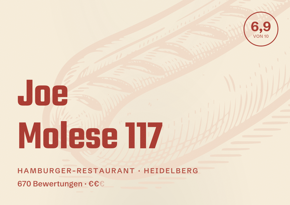 Illustriertes Poster von Joe Molese 117, Hamburger-Restaurant in Heidelberg: Bewertung 6,9 von 10 aus 670 Bewertungen, Preisniveau €€