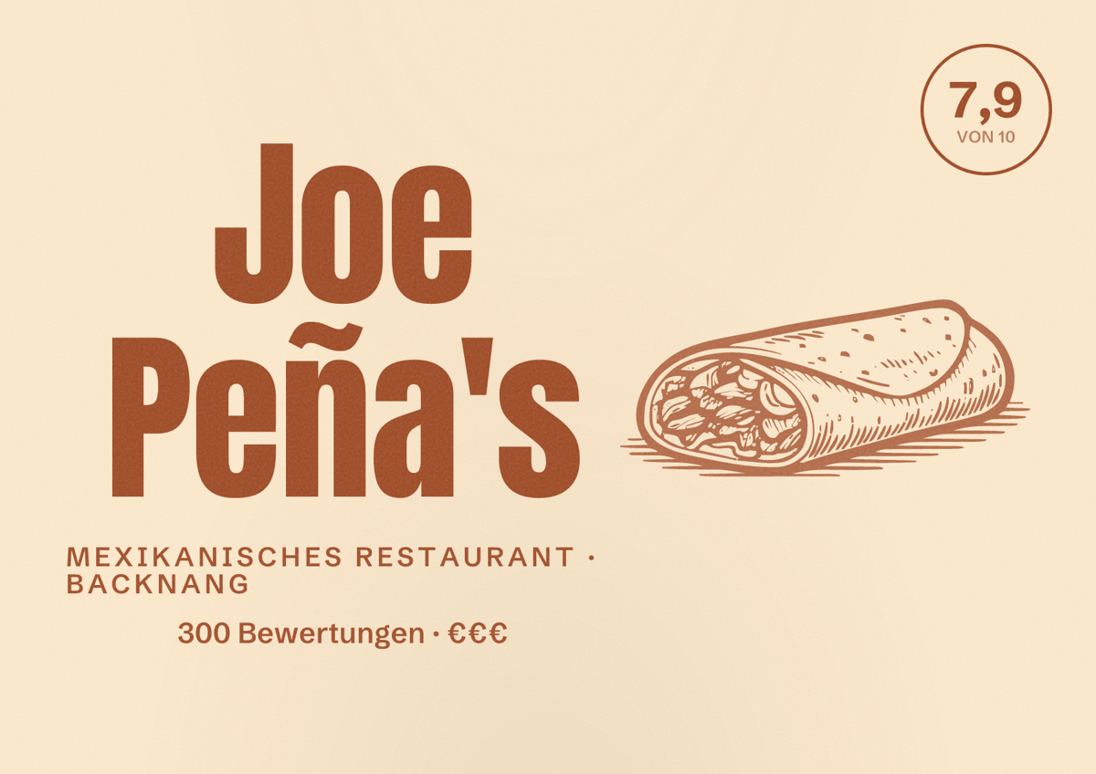 Illustriertes Poster von Joe Peña's, Mexikanisches Restaurant in Backnang: Bewertung 7,9 von 10 aus 300 Bewertungen, Preisniveau €€€