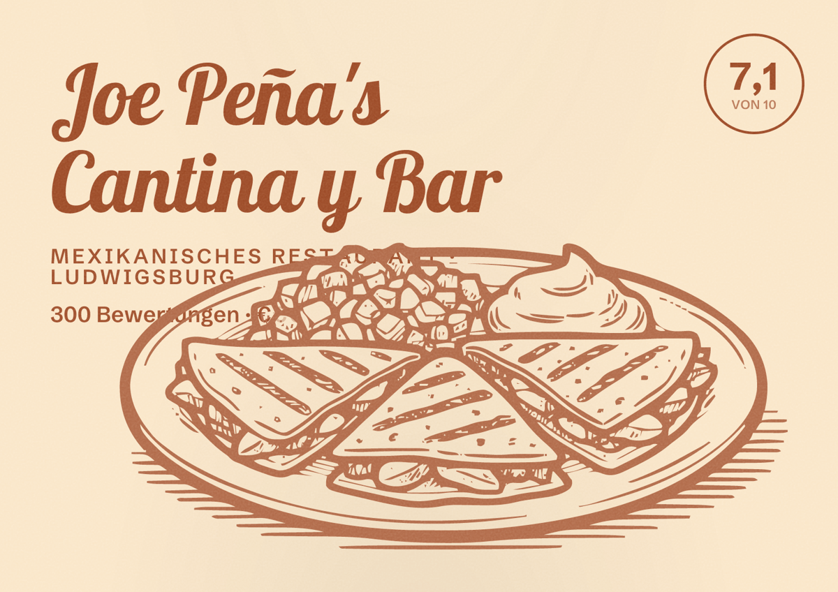 Illustriertes Poster von Joe Peña's Cantina y Bar, Mexikanisches Restaurant in Ludwigsburg: Bewertung 7,1 von 10 aus 300 Bewertungen, Preisniveau €