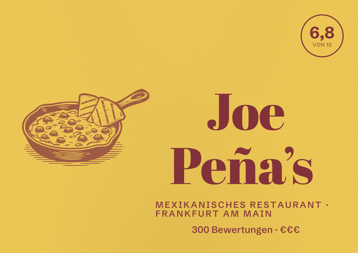Illustriertes Poster von Joe Peña’s, Mexikanisches Restaurant in Frankfurt am Main: Bewertung 6,8 von 10 aus 300 Bewertungen, Preisniveau €€€