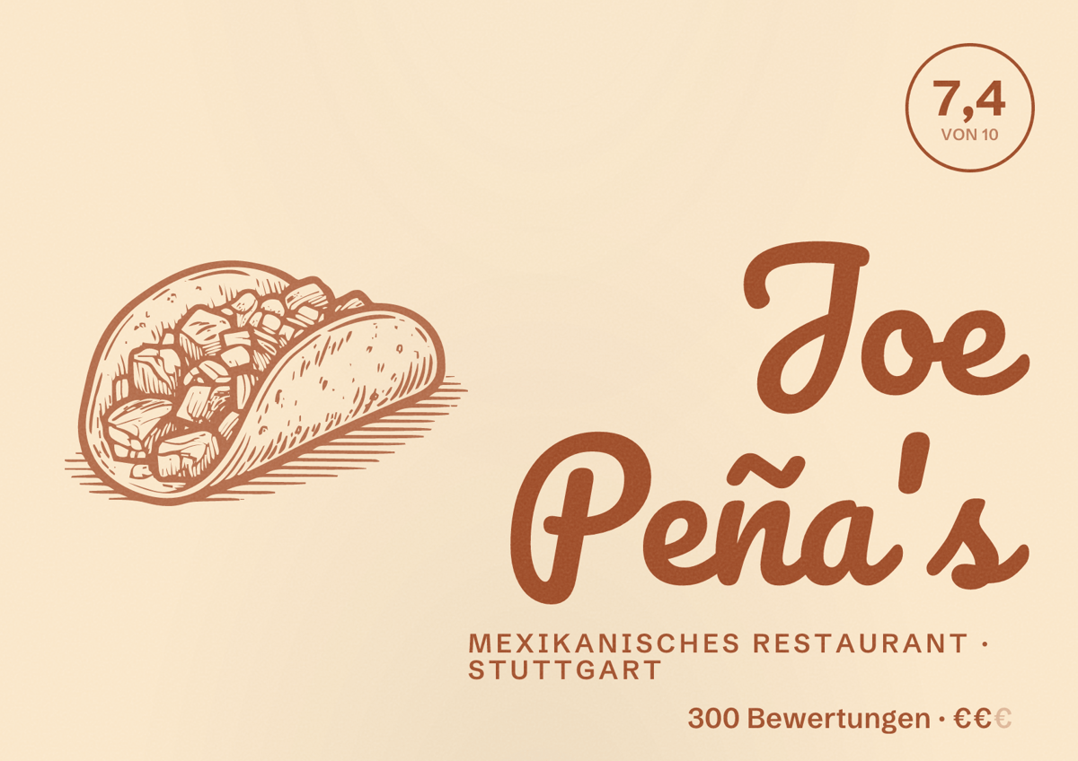 Illustriertes Poster von Joe Peña's, Mexikanisches Restaurant in Stuttgart: Bewertung 7,4 von 10 aus 300 Bewertungen, Preisniveau €€