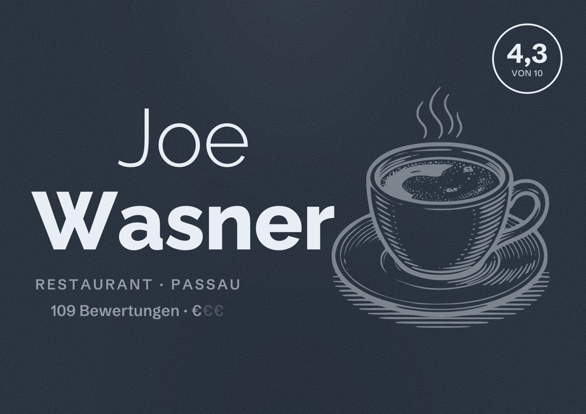 Illustriertes Poster von Joe Wasner, Restaurant in Passau: Bewertung 4,3 von 10 aus 109 Bewertungen, Preisniveau €