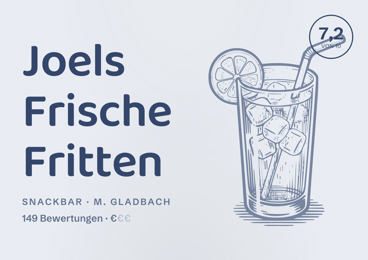 Illustriertes Poster von Joels Frische Fritten, Snackbar in M. Gladbach: Bewertung 7,2 von 10 aus 149 Bewertungen, Preisniveau €