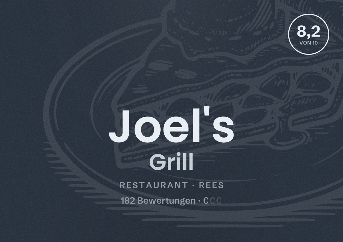 Illustriertes Poster von Joel's Grill, Restaurant in Rees: Bewertung 8,2 von 10 aus 182 Bewertungen, Preisniveau €