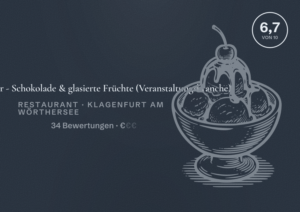 Illustriertes Poster von Jörg Cimzar - Schokolade & glasierte Früchte (Veranstaltungsbranche), Restaurant in Klagenfurt am Wörthersee: Bewertung 6,7 von 10 aus 34 Bewertungen, Preisniveau €