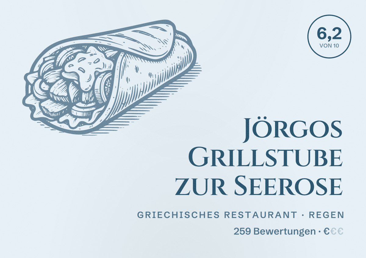 Illustriertes Poster von Jörgos Grillstube zur Seerose, Griechisches Restaurant in Regen: Bewertung 6,2 von 10 aus 259 Bewertungen, Preisniveau €
