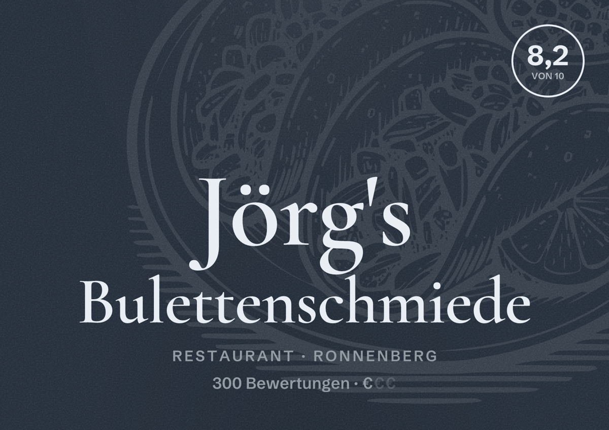 Illustriertes Poster von Jörg's Bulettenschmiede, Restaurant in Ronnenberg: Bewertung 8,2 von 10 aus 300 Bewertungen, Preisniveau €