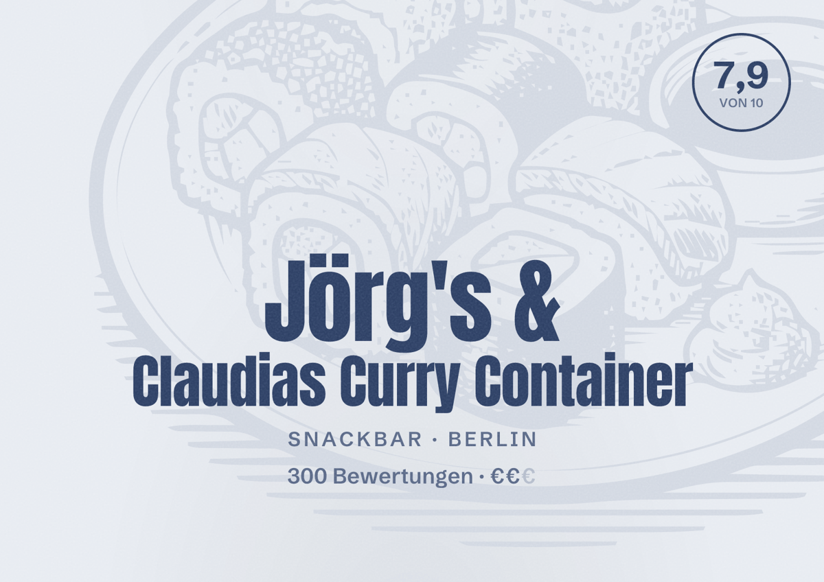 Illustriertes Poster von Jörg's & Claudias Curry Container, Snackbar in Berlin: Bewertung 7,9 von 10 aus 300 Bewertungen, Preisniveau €€