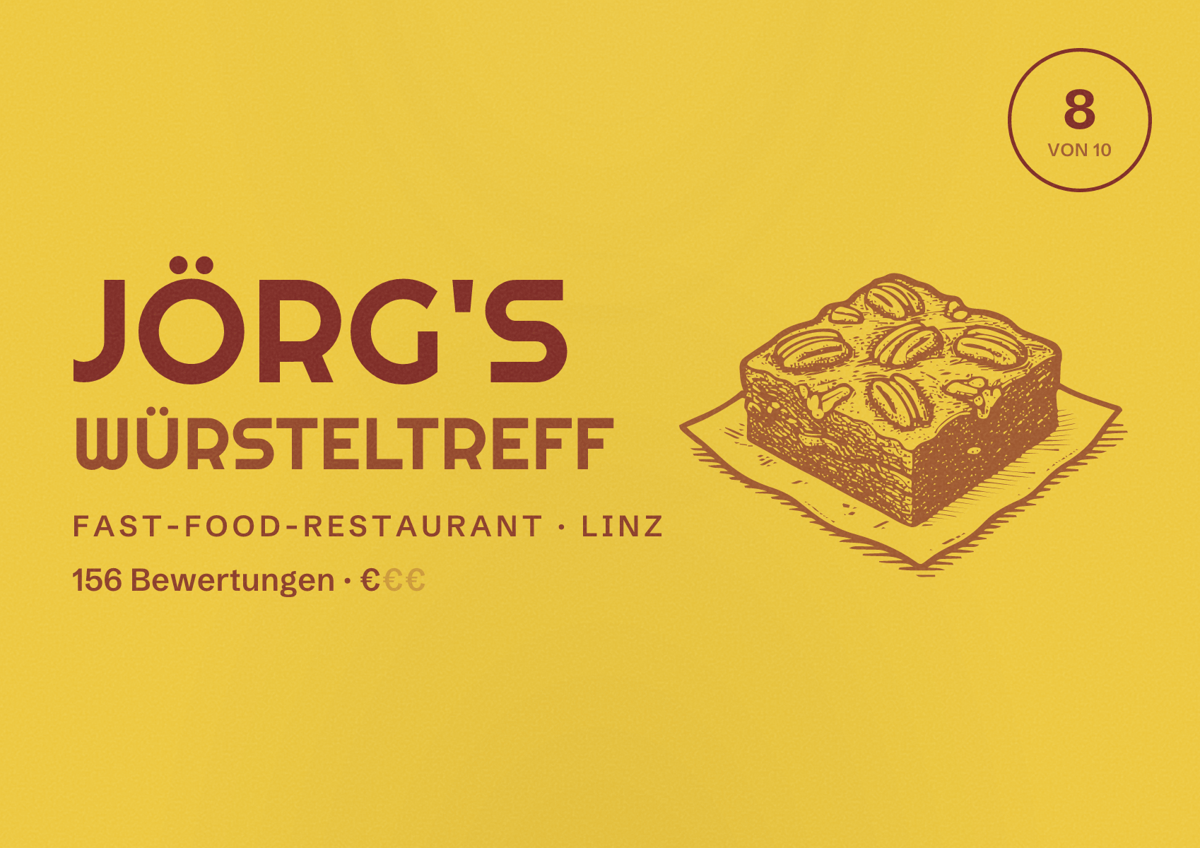Illustriertes Poster von Jörg's Würsteltreff, Fast-Food-Restaurant in Linz: Bewertung 8 von 10 aus 156 Bewertungen, Preisniveau €