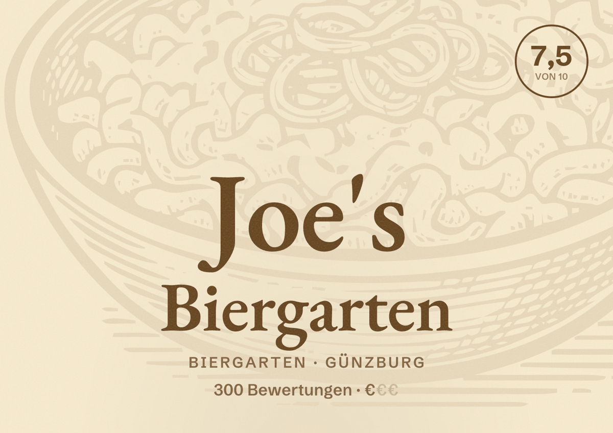 Illustriertes Poster von Joe's Biergarten, Biergarten in Günzburg: Bewertung 7,5 von 10 aus 300 Bewertungen, Preisniveau €