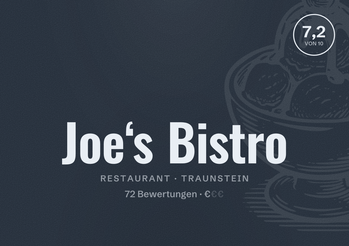 Illustriertes Poster von Joe‘s Bistro, Restaurant in Traunstein: Bewertung 7,2 von 10 aus 72 Bewertungen, Preisniveau €