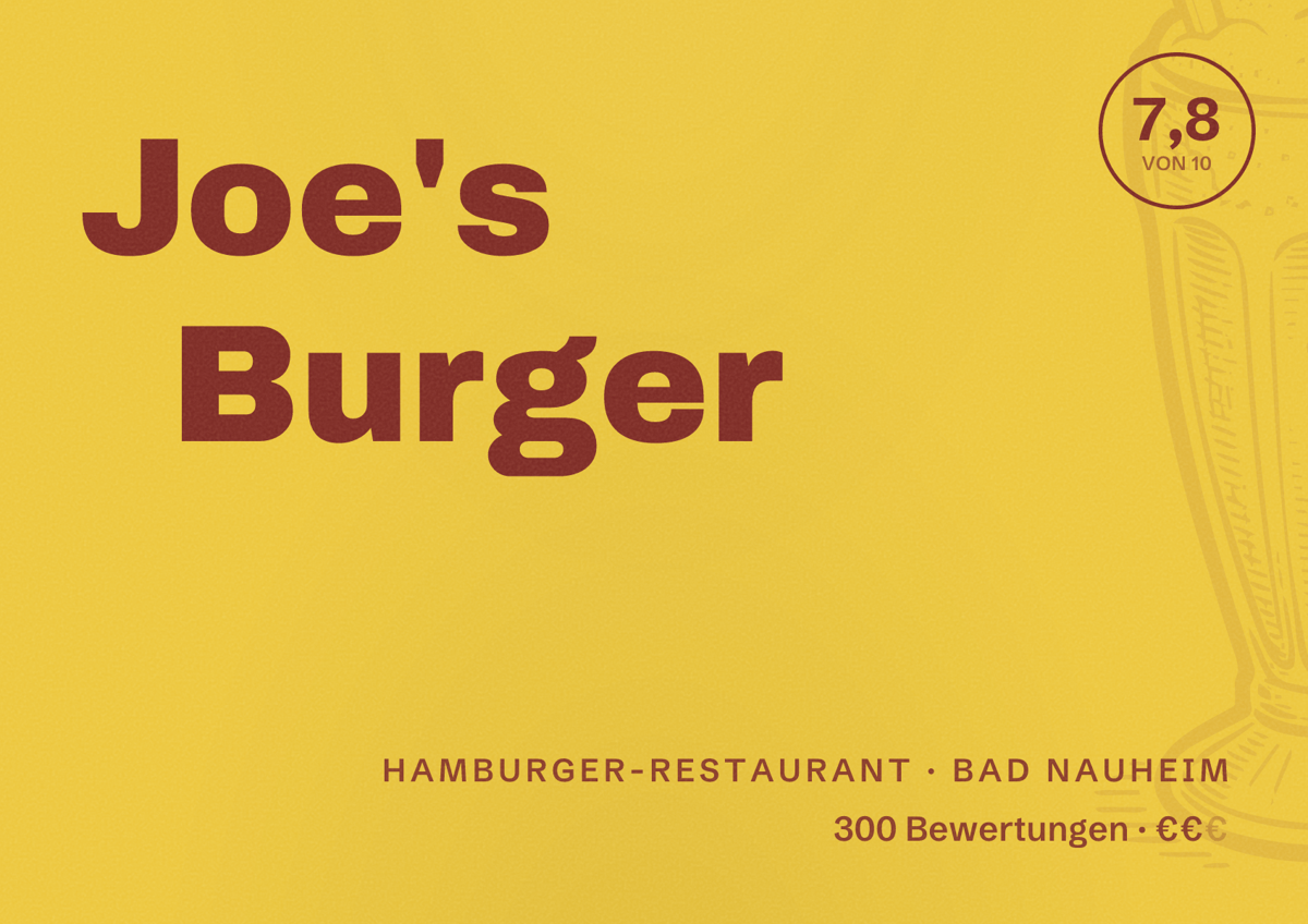 Illustriertes Poster von Joe's Burger, Hamburger-Restaurant in Bad Nauheim: Bewertung 7,8 von 10 aus 300 Bewertungen, Preisniveau €€