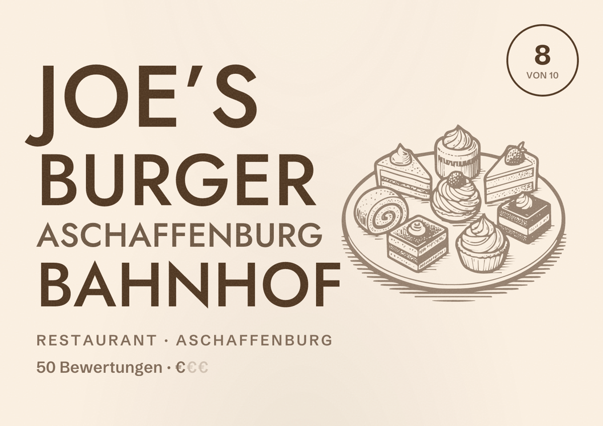 Illustriertes Poster von Joe’s Burger Aschaffenburg Bahnhof, Restaurant in Aschaffenburg: Bewertung 8 von 10 aus 50 Bewertungen, Preisniveau €