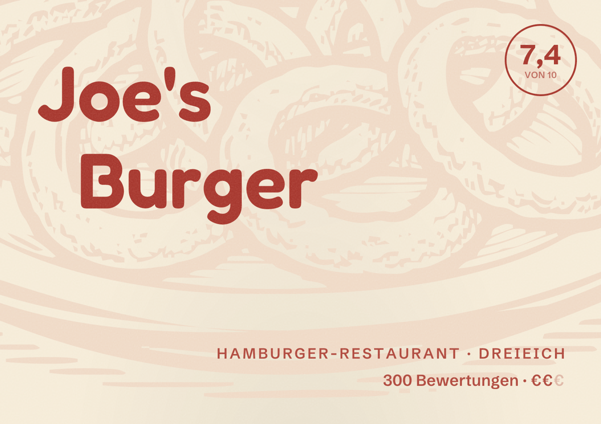 Illustriertes Poster von Joe's Burger, Hamburger-Restaurant in Dreieich: Bewertung 7,4 von 10 aus 300 Bewertungen, Preisniveau €€