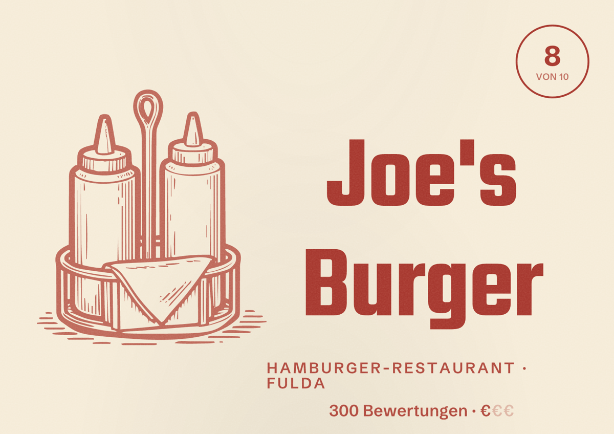Illustriertes Poster von Joe's Burger, Hamburger-Restaurant in Fulda: Bewertung 8 von 10 aus 300 Bewertungen, Preisniveau €