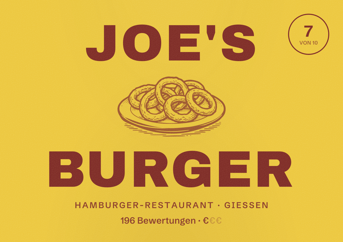 Illustriertes Poster von Joe's Burger, Hamburger-Restaurant in Gießen: Bewertung 7 von 10 aus 196 Bewertungen, Preisniveau €